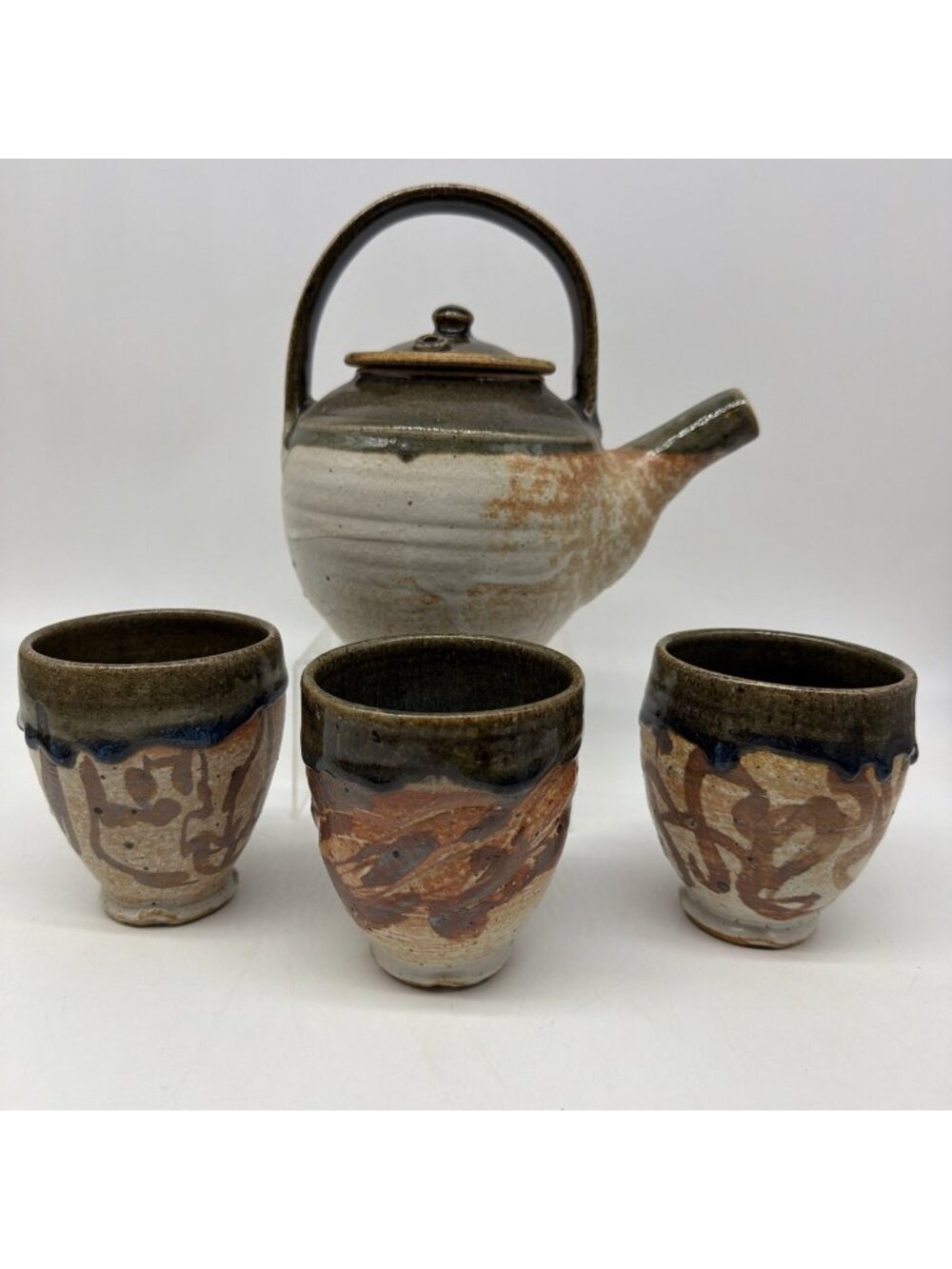 Wood Fired Kyusu Studio Pottery Stamped Tea Pot Yunomi Cups Set Drip Glaze SEE